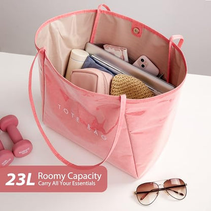 KALIDI PVC Tote Bag Women Large Kraft Paper Travel Beach Bag Jelly Purses - color: Light Pink