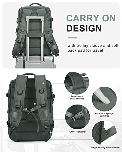 WONHOX Large Travel Laptop Backpack Expandable Flight Approved Backpack Carry on Backpack for Women Men Waterproof 17inch Laptop Daypack Hiking Work Backpack with Shoe Compartment Dark Green - color: A3-darkgreen