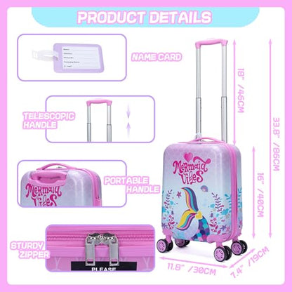 Cute Pink Mermaid Kid’s Luggage Set 5 Piece Suitcase Set 16’’ Hardside Luggage with Spinner Wheels Girls Boys Carry on Toddler Luggage Travel Rolling Luggage Carry on Luggage Airline Approved - color: 05 Pink