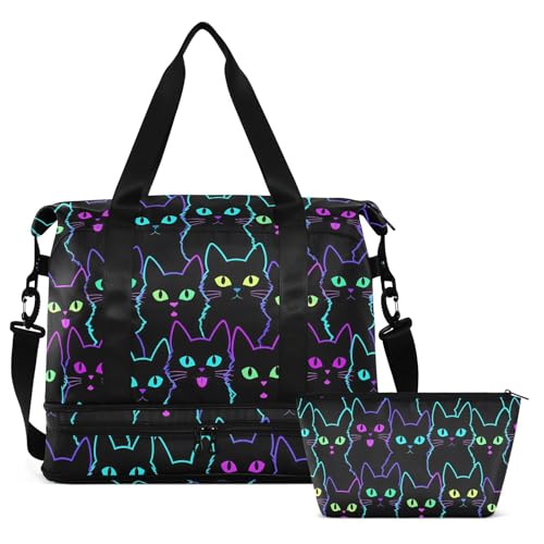 Travel Duffel Tote Colorful Neon Cat Sports Bag With Wet Pocket - Weekender Overnight for Women Men Gym, Carry On, Hospital for Labor and Delivery - color: Goth 10