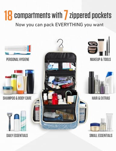VENTURE 4TH Hanging Travel Toiletry Bag, 17 Compartments - Blue Flowers - color: Blue Flowers