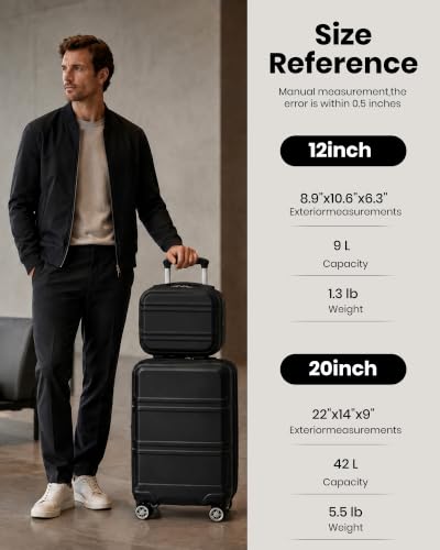 Kono Carry On Luggage Set Airline Approved with Spinner Wheels - color: Black, size: 2-piece Set (12/20)
