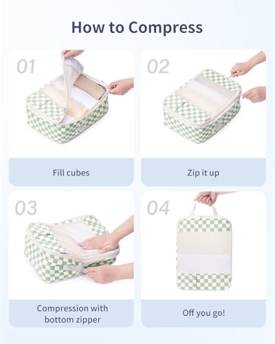 Narwey Compression Packing Cubes for Travel, Cute Luggage Organizer Bags - color: ZZ-Mint Green Checkerboard
