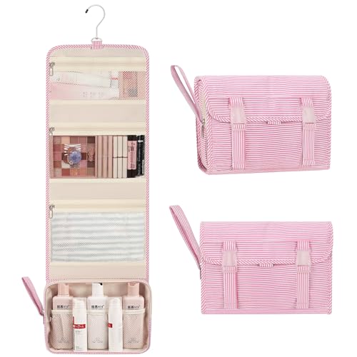 Relavel Hanging Toiletry Bag for Women, Large Striped Makeup Travel Bag - color: 01 Pink Strip, size: Large