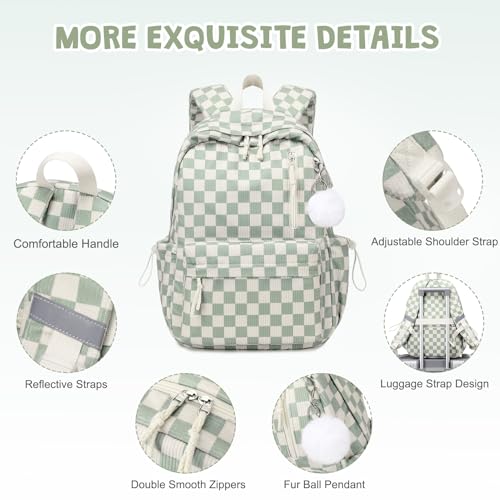 3PCS Corduroy Girls Backpack w/ Lunch Box & Pencil Bag (Green Chessboard) - color: Green Chessboard