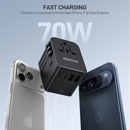 Epicka 70W GaN PD Universal Travel Adapter, 3USB-C/2USB-A - style: 70W-5USB(3 USB-C) Black