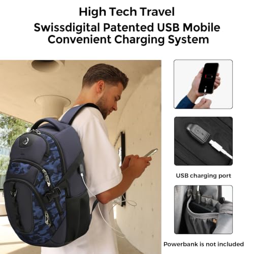 Swissdigital Design Laptop Backpack for Men with USB Charging Port SD803-92 - color: Blue Camo