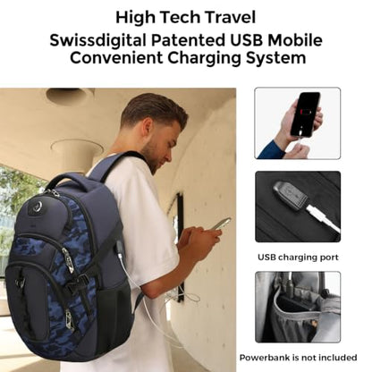 Swissdigital 비즈니스 여행 노트북 백팩 - 남성 및 여성용 스마트 USB 충전 포트 포함, 15.6인치 노트북에 적합, 블루, 블루 케머, 표준, 여행 - color: 블루 케머