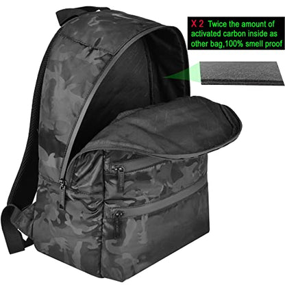 Mini Backpack Bag-Smell Proof-USB Charging Port Daypack Travel bags With Carbon Lining for Men & Women Travel (Camouflage Black) - color: Camouflage Black