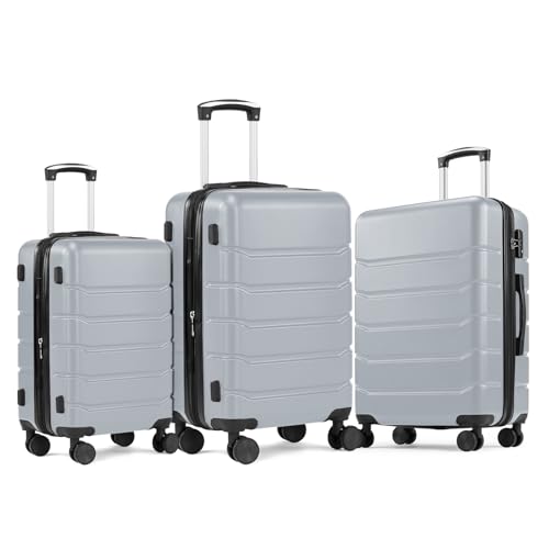 NEWBULIG 3 Piece Luggage Set, Expandable Suitcase with Spinner Wheels - color: Light Grey, size: 3-PCS Set (20/24/28 Inch)