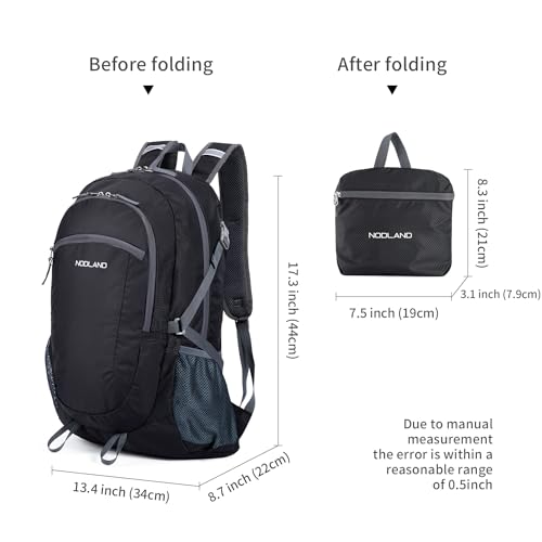 NODLAND Light Weight Packable Backpack for Travel Hiking 45L Foldable Water-Resistant Daypack Hydration Rucksack - color: Black, size: Medium 45L