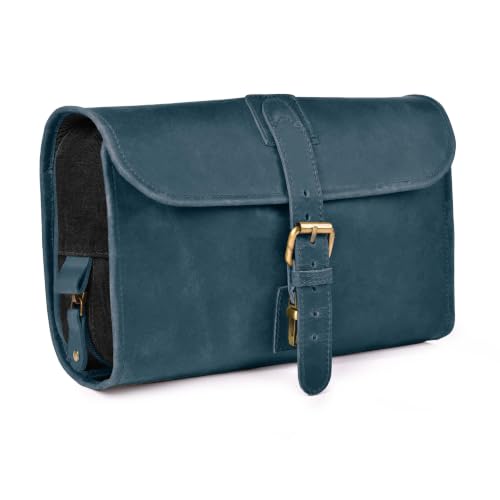 LEATHER VILLAGE Hanging Leather Toiletry Bag for Men, Dopp Kit, Blue - color: Blue