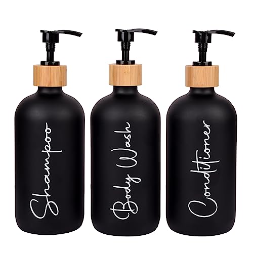 Glass Shampoo and Conditioner Pump Bottles Soap Dispenser Bamboo Pump Head Empty Glass Refillable Shampoo Conditioner Body Wash Soap Bottles for Bathroom, 17 oz, 3 Pack, Black - color: Black, size: Shampoo + Conditioner