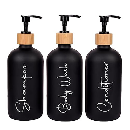 Glass Shampoo and Conditioner Pump Bottles Soap Dispenser Bamboo Pump Head Empty Glass Refillable Shampoo Conditioner Body Wash Soap Bottles for Bathroom, 17 oz, 3 Pack, Black - color: Black, size: Shampoo + Conditioner
