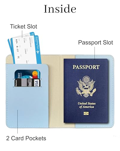 Passport Holder for Travel Essentials RFID Blocking PU Leather - color: Light Blue