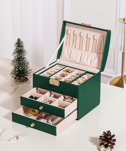 Homde Small Jewelry Box for Girls: 3-Layer Lockable Organizer (Green) - color: Midnight Green