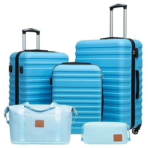 Coolife Luggage Set Hardside Suitcase,5 piece,Sky Blue(DB/TB/20/24/28) - color: Sky Blue, size: 5 piece set