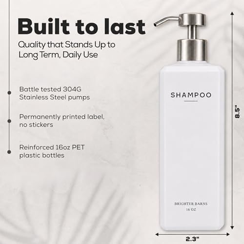 White Shampoo and Conditioner Dispenser Set by Brighter Barns - 16oz Shower Dispenser - Refillable Plastic Shampoo Bottles & Stainless Steel Pump - Shampoo Dispenser for Bathroom, Hotel, Gifts (White) - color: White