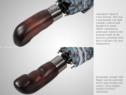Balios Folding Umbrella Real Wood Handle Auto Open Close - color: Cypress Leaves Plum