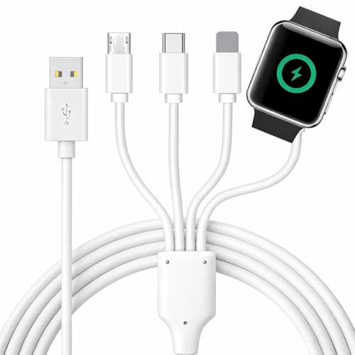 TOP-UP 4 in 1 Watch & Phone Charger Cable – Travel Essentials Multi Charging Cable for Apple Watch, iPhone, USB-C & Micro, Multi Device Charger Cord, 4FT