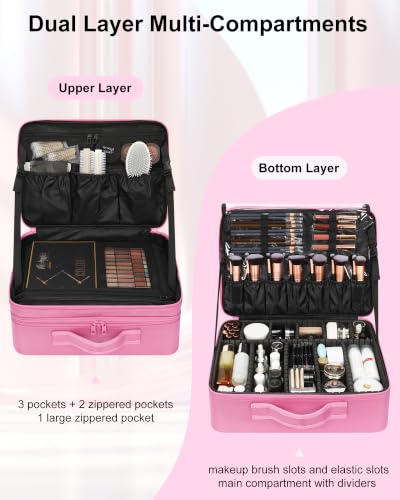 Relavel Extra Large Makeup Case, Makeup Artist Bag with Dividers, Rose Pink - color: Black Rose Pink, size: Extra Large