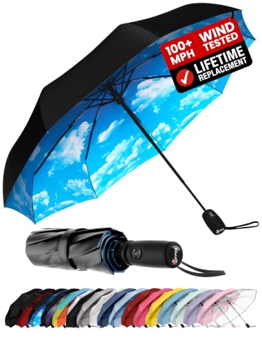 Windproof Travel Umbrella - Compact & Withstands Winds up to 100MPH, Strongest Premium Auto Folding Umbrella for Rain and Sun - Durable, Light & Portable for Women & Men, Fits Backpack & Cars - color: Blue Sky 1-Pack