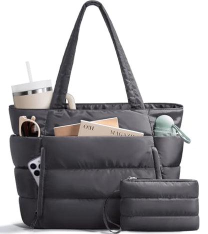 Bagstellar Puffer Tote Bag for Women, Lightweight Puffy Travel Gym Work Bag - color: Charcoal Grey