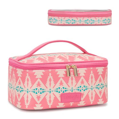Wrangler Travel Makeup Bag 2pcs Set Cosmetic Bag with Makeup Brush Holder | Portable Make Up Organizer,Large Toiletry Bag with Divider and Handle for Women - color: Aztec-Pink