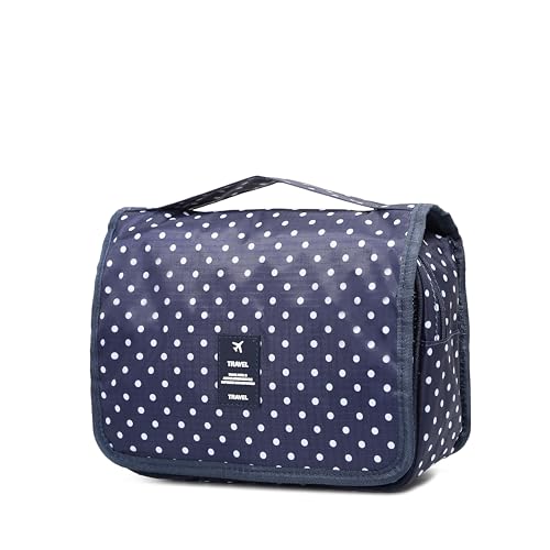 Sechunk Waterproof Travel Toiletry Bags Hanging Multi-function Cosmetic Bag Makeup Bag for Women - color: navyRound Dot