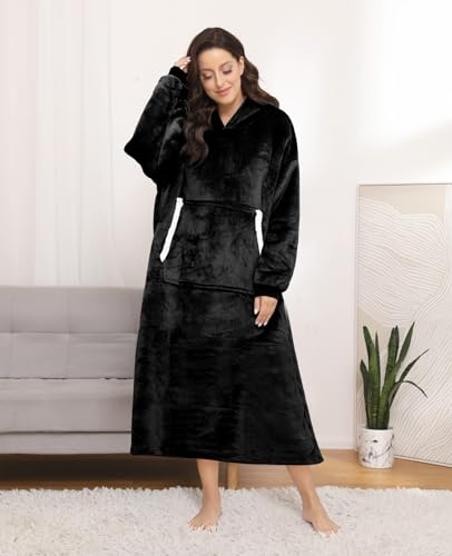 Sendowtek Wearable Hoodie Blanket Sweatshirt for Adults 3.9ft Long, Black - color: Black