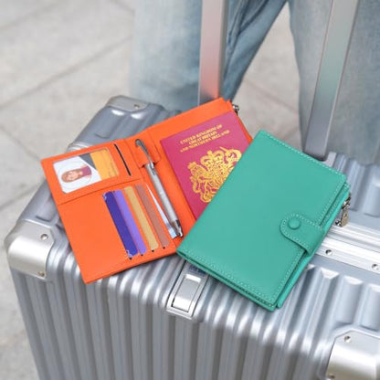 Leather Passport Cover Wallet Travel Essentials Holder with Zipper Pocket - color: Cyan