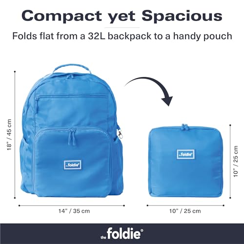 The Foldie Packable Backpack for Travel 32L - Lightweight Foldable Backpacks with Trolly Sleeve & RFID Protection - Water-repellent Casual Daypack Backpacks for Hiking, Camping & Gym - Azure Blue - color: Azure Blue