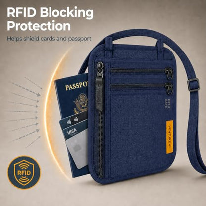 VENTURE 4TH Slim Neck Wallet, RFID Blocking Passport Holder - Navy - color: Navy Blue