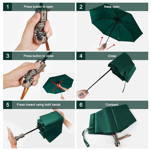 Skull Handle Windproof Travel Umbrella Compact Portable, Auto Open Close - color: 06.Dark Green