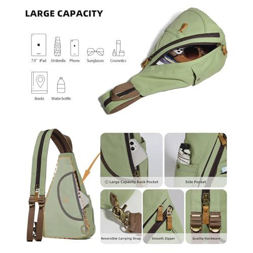 KL928 Canvas Sling Bag - Small Crossbody Backpack Shoulder Casual Daypack Rucksack for Men Women(MatchaGreen) - color: Canvas-matchagreen