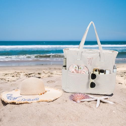 Bluboon Beach Bags for Women, Large Waterproof Tote Bag With Wet Compartment for Pool Weekender Travel Gym - color: Brown Striped Bow