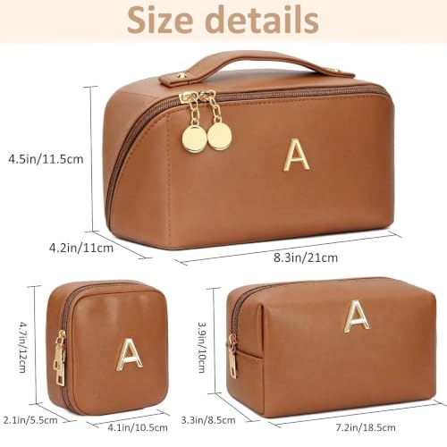 Personalized Initial Make Up Bag for Women Teen Girls Toiletry Organizer - color: Brown