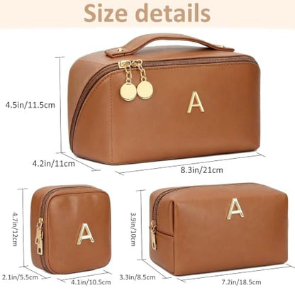 Personalized Initial Make Up Bag for Women Teen Girls Toiletry Organizer - color: Brown