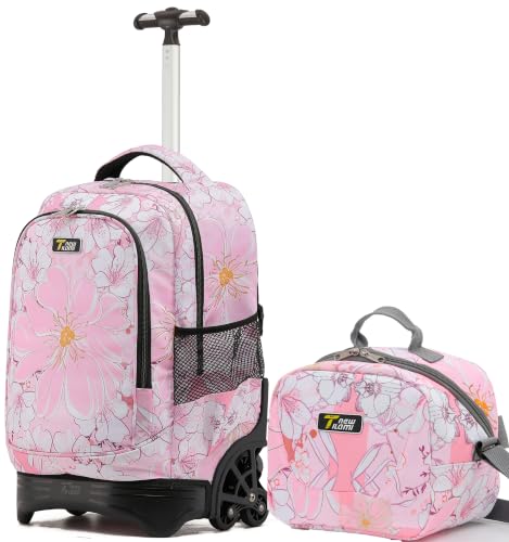 NEW TILAMI 18 Inch Rolling Backpack with Lunch Bag for Girls Boys School - color: Pink Flowers