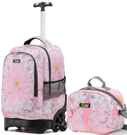 NEW TILAMI 18 Inch Rolling Backpack with Lunch Bag for Girls Boys School - color: Pink Flowers