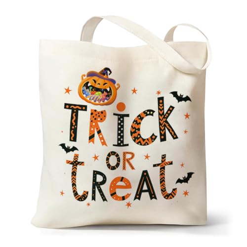 Canvas Tote Bag with Zipper for Women, Halloween Trick or Treat Bags Bulk - color: [A0] Halloween - Beige