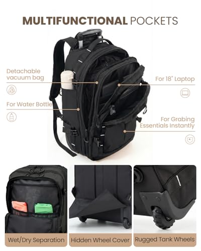 Fanwoli Rolling Vacuum Backpack Travel,One-Button Compression,55L,Black | Carry On | 55L Expandable | 2-In-1 Design | Built-In Electric Pump | 16 Pockets | Water Resistant | Fits 18” Laptop - color: Black