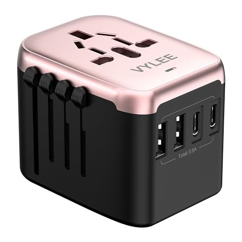 VYLEE Universal Travel Adapter, 5 in 1 International Power Adapter - color: Rose Gold