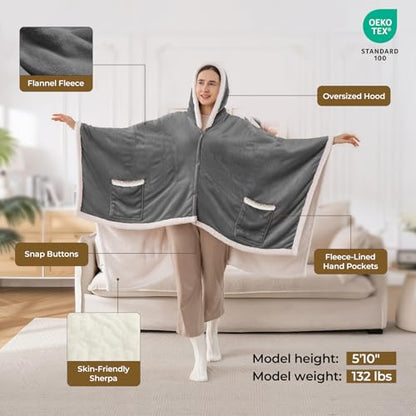 Wearable Heated Shawl Blanket with Hood & Pockets, 56"x63", Light Grey - color: Light Grey, size: 56"x63"