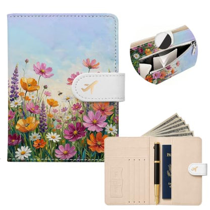 RFID Passport Holder with Tracker Slot, Leather Travel Wallet - color: Wildflowers