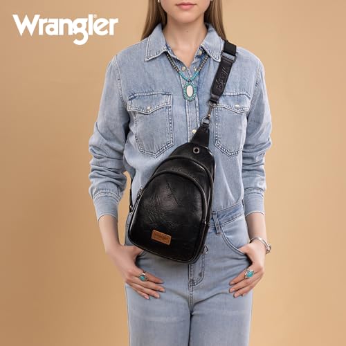 Wrangler Crossbody Bags for Women Sling Bag Fanny Pack Chest Purse Backpack - color: Black