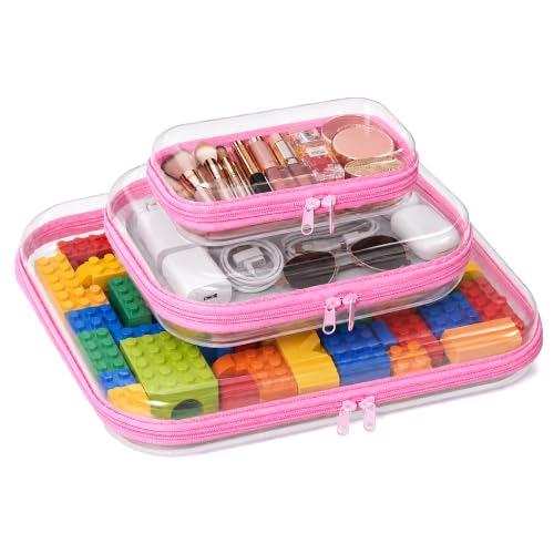 3 PCS Clear Hard Shell Zipper Case, Transparent Zipper Pouch, Pink - color: Pink