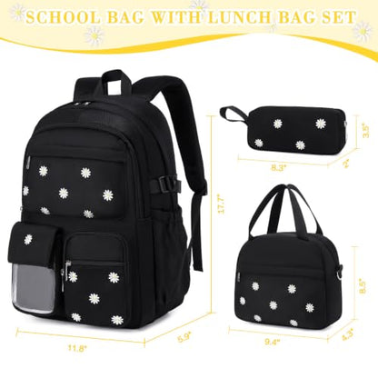 ACESAK 3PCS Embroidered Girls Backpack with Lunch Bag Set,Black Daisy - color: Black Daisy