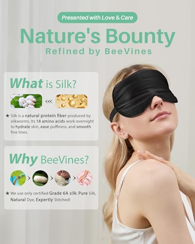 BeeVines 100% Mulberry Silk Sleep Mask, Blackout Eye Masks(Black & Black) - color: 02-black & Black