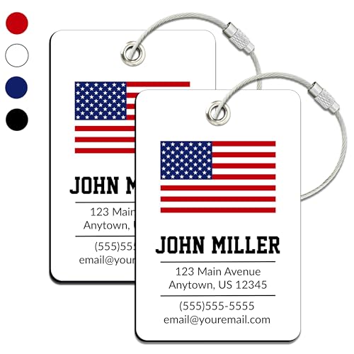 Personalized Luggage Tag with American Flag | 2 Pack | Custom Luggage Tags for Suitcases | Kids Backpack Tag | 4 Color Options & Choose Font, Font Color - color: White, size: 2 pack - Large